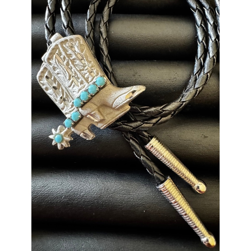 Cowboy Boot Bolo Tie Silvertone Turquoise Color Spur Faux Leather CountryWestern